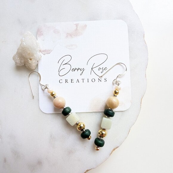 Sterling Silver Green and Gold Handmade Drop Dangle Gemstone Ear… - Picture 3 of 5